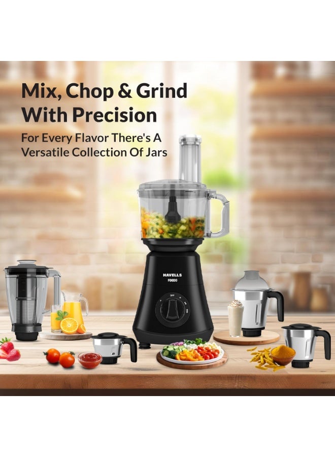 هافلز Havells Foodo 750 Watt Mixer Grinder with 5 Jars | Includes Food Processor Jar with Dual Pusher | 14-in-1 Functionality | Rust-Resistant 304 SS Blades | Storage Box | 5-Year Motor Warranty (Black) - Image 3